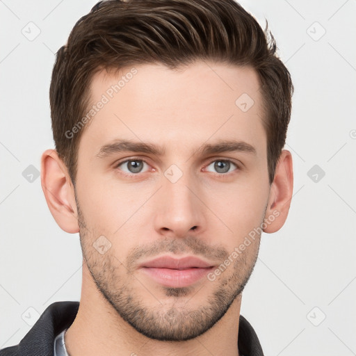 Neutral white young-adult male with short  brown hair and brown eyes