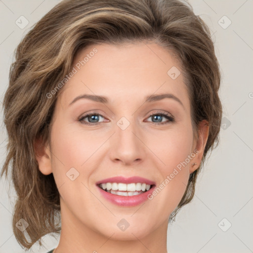 Joyful white young-adult female with medium  brown hair and green eyes