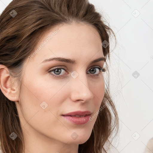 Neutral white young-adult female with long  brown hair and grey eyes