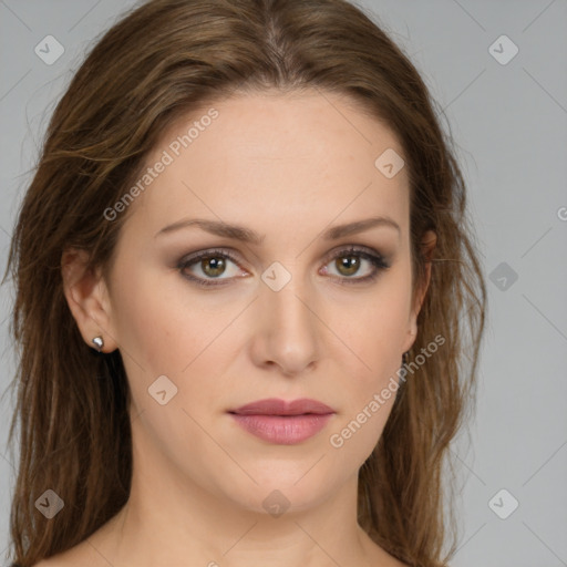 Joyful white young-adult female with long  brown hair and green eyes