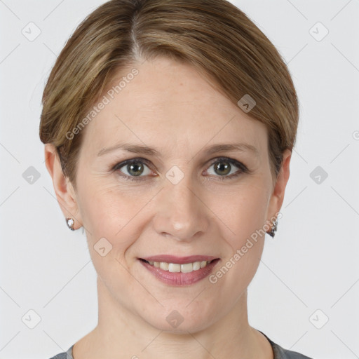 Joyful white young-adult female with medium  brown hair and grey eyes