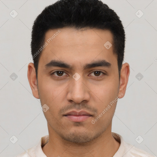 Neutral asian young-adult male with short  black hair and brown eyes