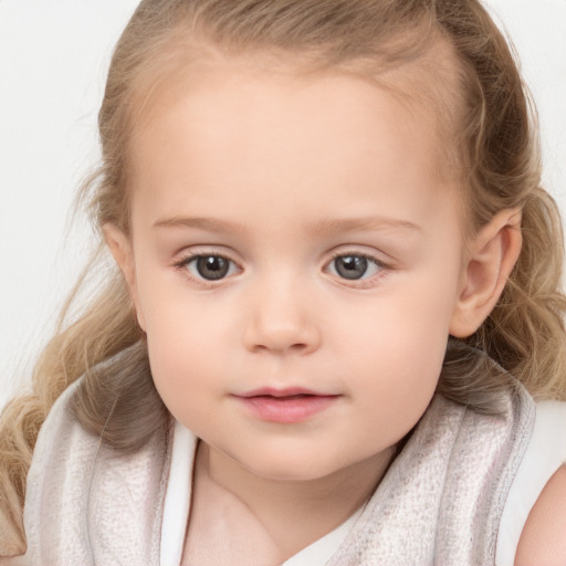 Neutral white child female with medium  brown hair and grey eyes