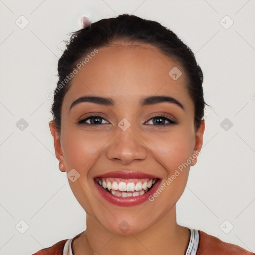 Joyful white young-adult female with short  black hair and brown eyes