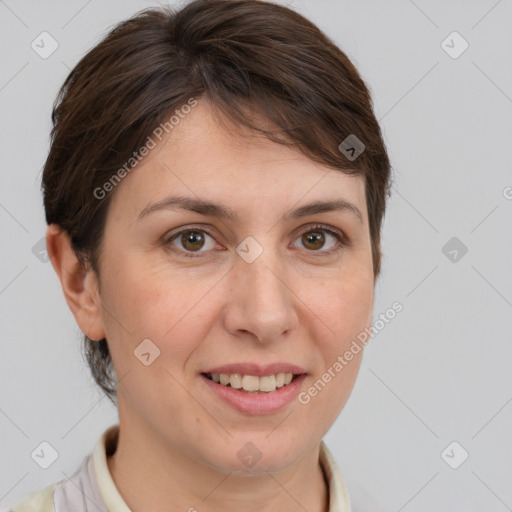 Joyful white adult female with medium  brown hair and brown eyes