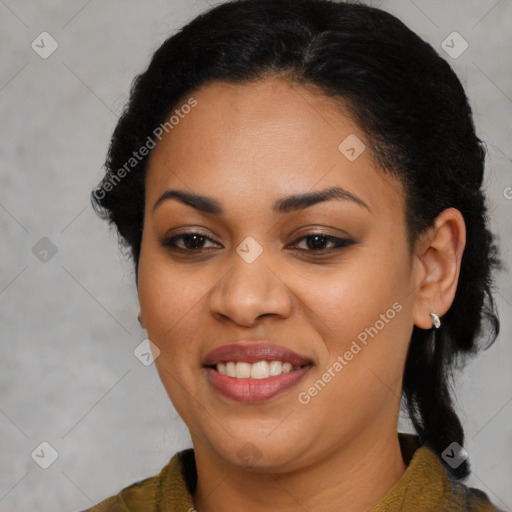 Joyful latino young-adult female with medium  black hair and brown eyes