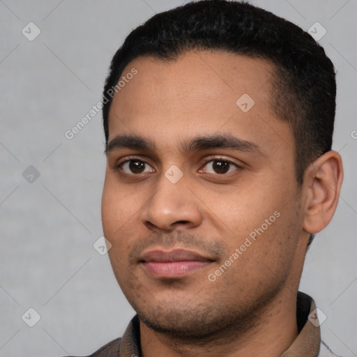 Neutral latino young-adult male with short  black hair and brown eyes