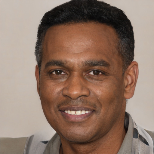 Joyful latino adult male with short  black hair and brown eyes