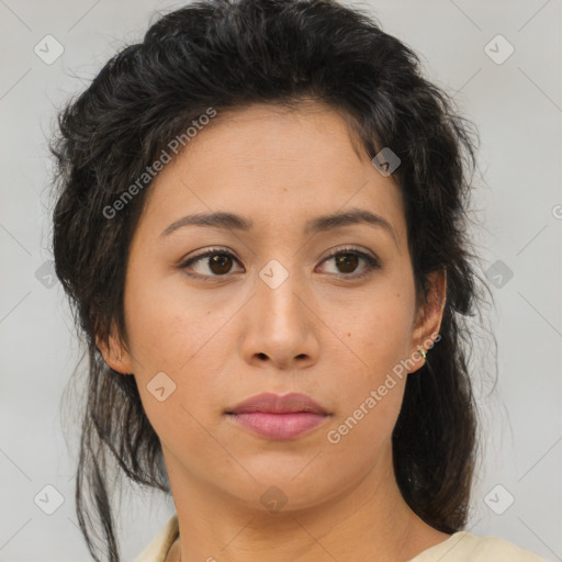 Neutral asian young-adult female with medium  brown hair and brown eyes