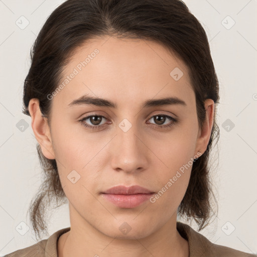 Neutral white young-adult female with medium  brown hair and brown eyes