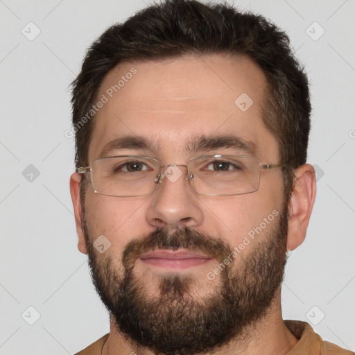 Neutral white adult male with short  brown hair and brown eyes