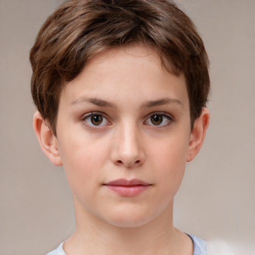 Neutral white young-adult female with short  brown hair and brown eyes