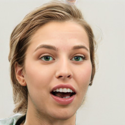 Joyful white young-adult female with medium  brown hair and green eyes