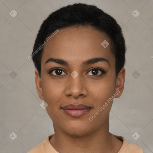 Joyful latino young-adult female with short  black hair and brown eyes