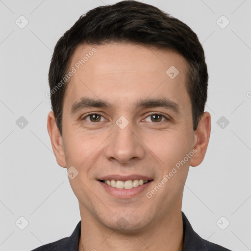 Joyful white young-adult male with short  brown hair and brown eyes