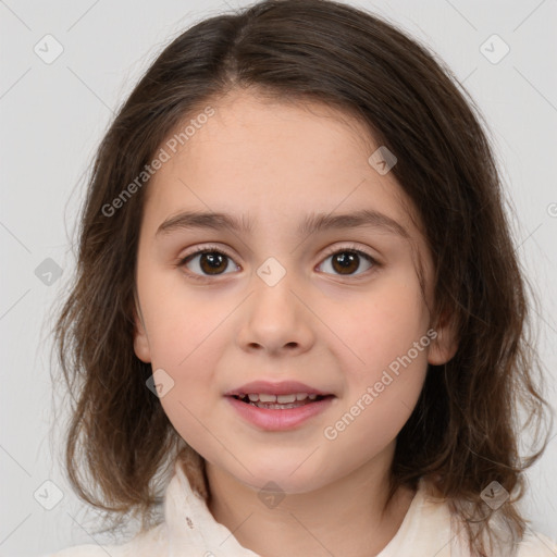 Joyful white child female with medium  brown hair and brown eyes