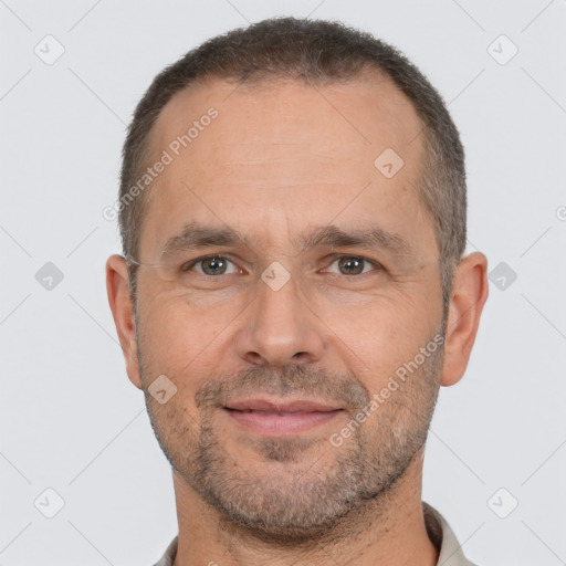 Neutral white adult male with short  brown hair and brown eyes