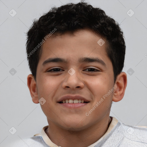 Joyful white child male with short  brown hair and brown eyes