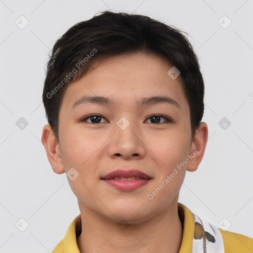 Joyful asian young-adult female with short  brown hair and brown eyes