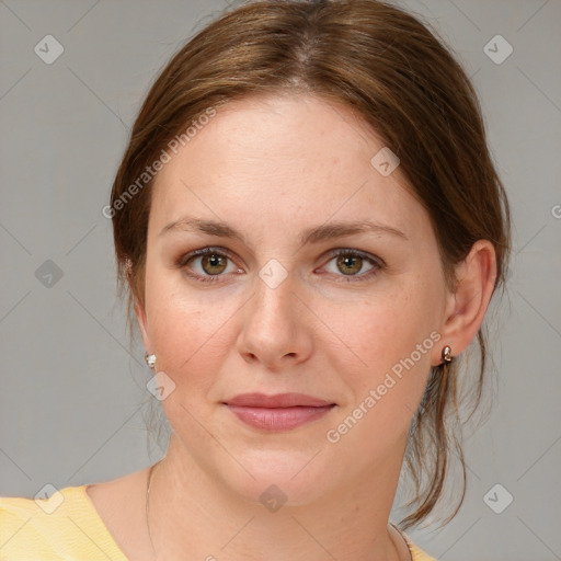 Joyful white young-adult female with medium  brown hair and brown eyes