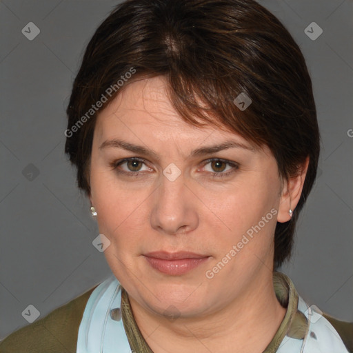 Neutral white adult female with medium  brown hair and brown eyes