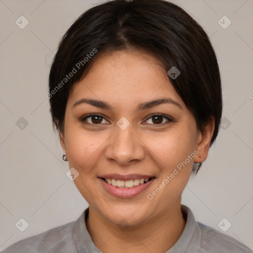 Joyful white young-adult female with medium  brown hair and brown eyes