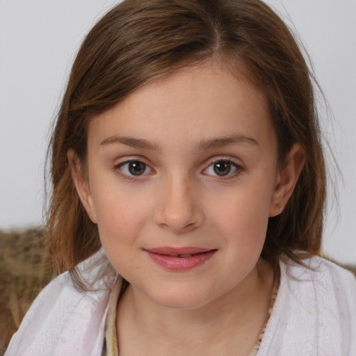 Joyful white child female with medium  brown hair and brown eyes