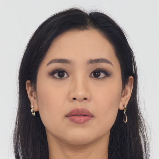Neutral asian young-adult female with long  black hair and brown eyes