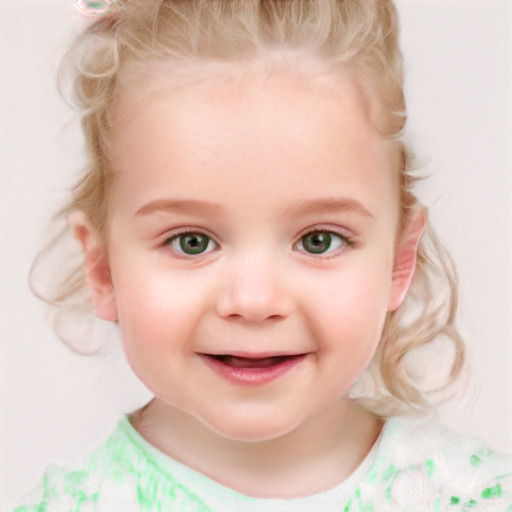 Joyful white child female with medium  brown hair and blue eyes