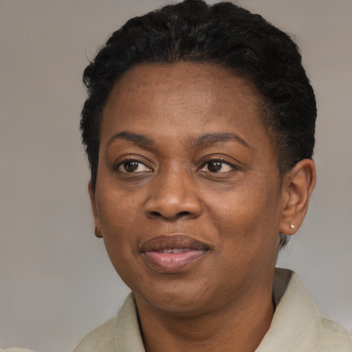 Joyful black adult female with short  black hair and brown eyes
