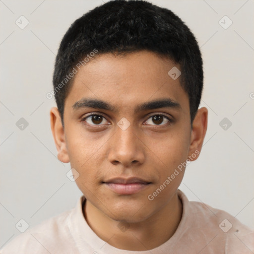 Neutral latino young-adult male with short  brown hair and brown eyes