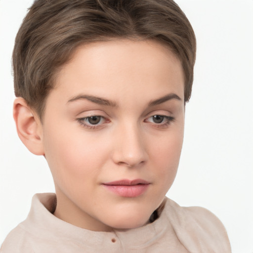 Neutral white young-adult female with short  brown hair and brown eyes