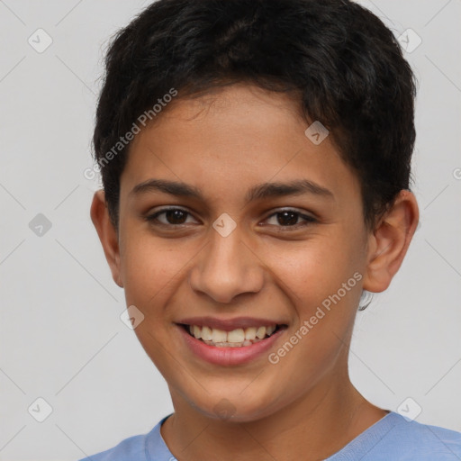 Joyful latino young-adult female with short  brown hair and brown eyes