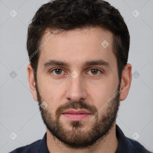 Neutral white young-adult male with short  brown hair and brown eyes