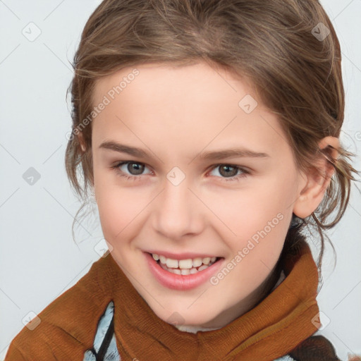 Joyful white child female with medium  brown hair and brown eyes