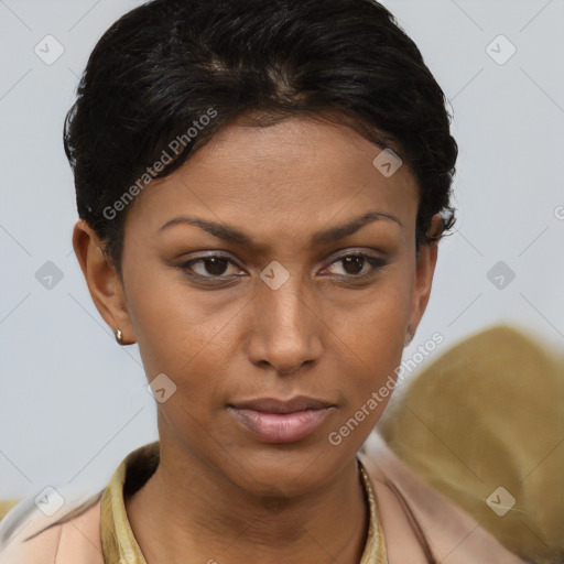 Joyful latino young-adult female with short  brown hair and brown eyes