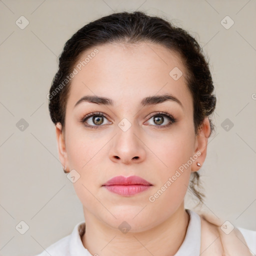 Neutral white young-adult female with medium  brown hair and brown eyes