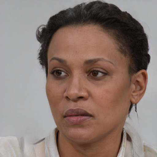 Joyful latino adult female with short  brown hair and brown eyes