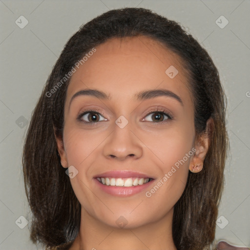 Joyful white young-adult female with long  brown hair and brown eyes