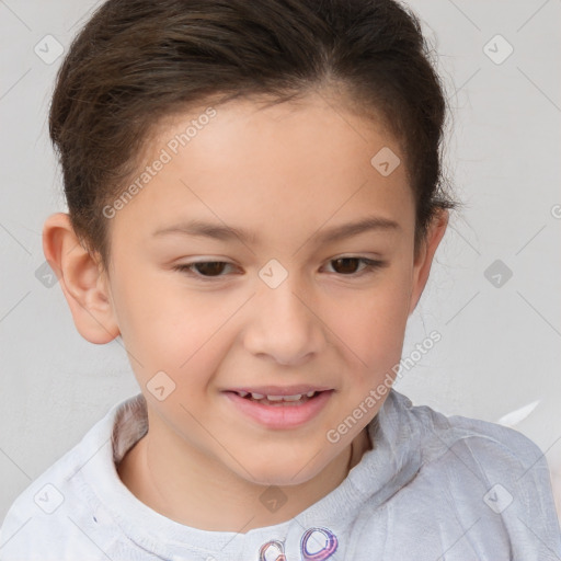 Joyful white child female with short  brown hair and brown eyes