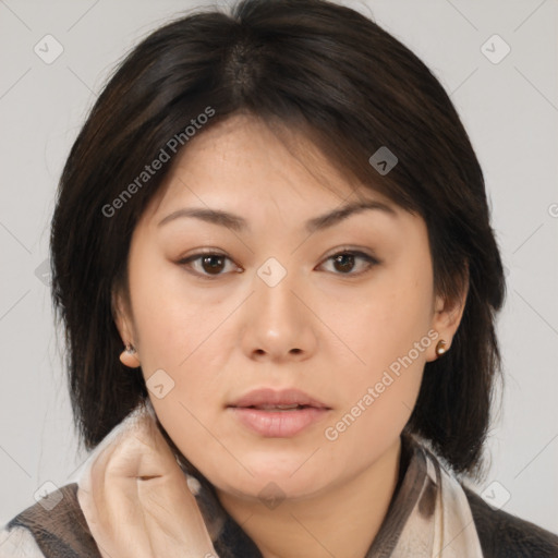 Neutral asian young-adult female with medium  brown hair and brown eyes