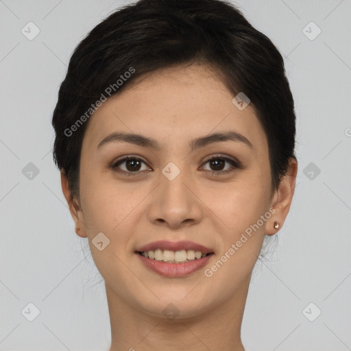 Joyful asian young-adult female with short  brown hair and brown eyes