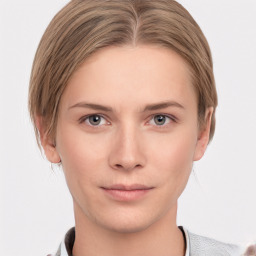 Neutral white young-adult female with short  brown hair and brown eyes