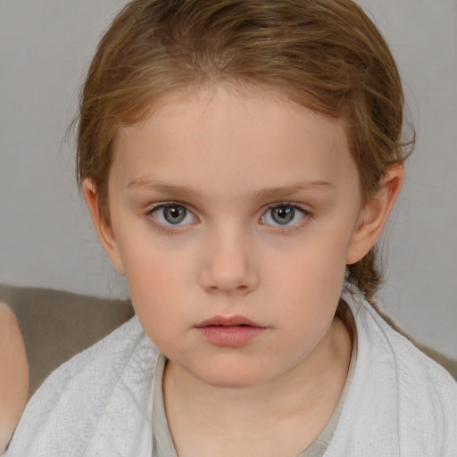 Neutral white child female with medium  brown hair and blue eyes