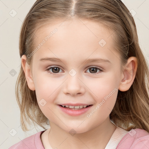 Joyful white child female with medium  brown hair and grey eyes