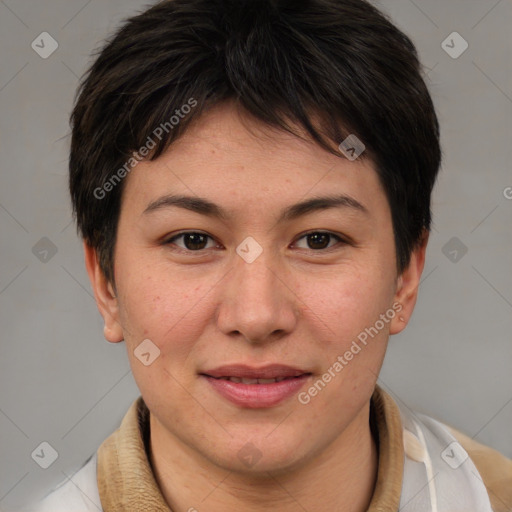 Joyful asian young-adult female with short  brown hair and brown eyes