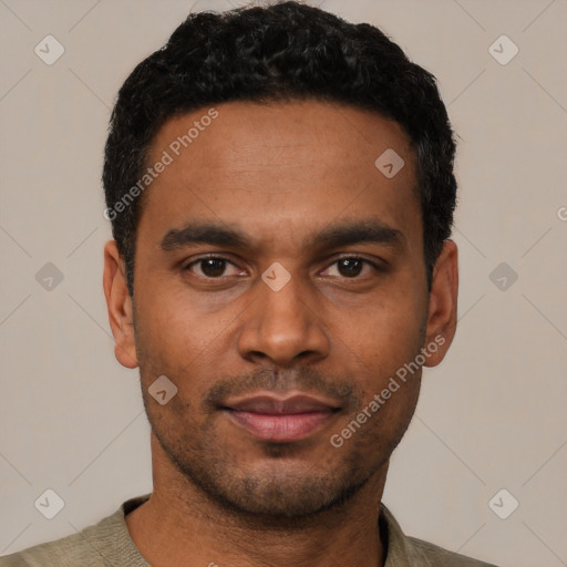 Neutral latino young-adult male with short  black hair and brown eyes