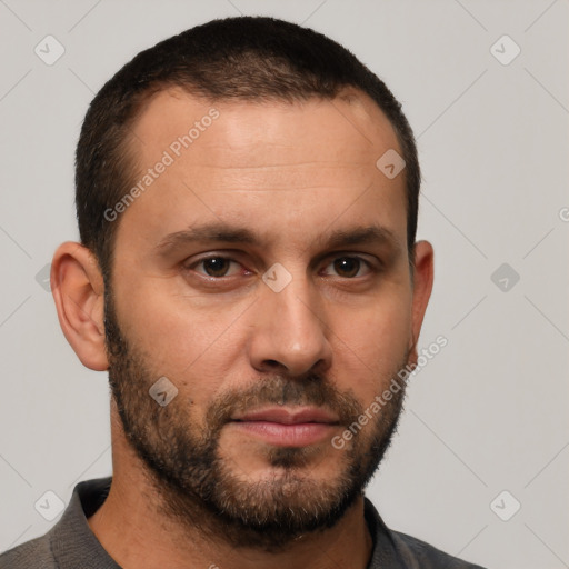 Neutral white young-adult male with short  brown hair and brown eyes