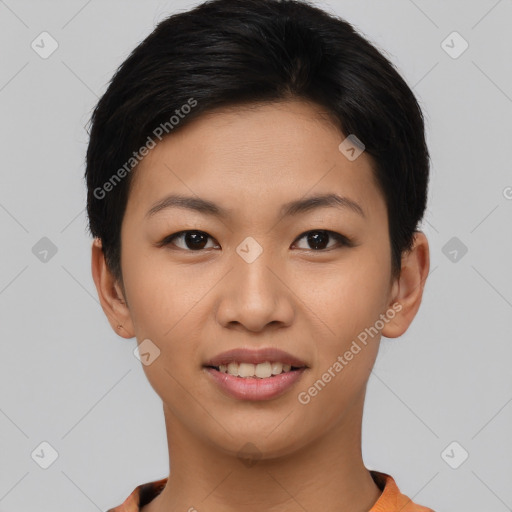 Joyful asian young-adult female with short  brown hair and brown eyes