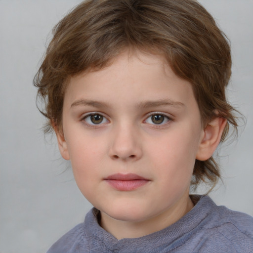 Neutral white child female with medium  brown hair and grey eyes